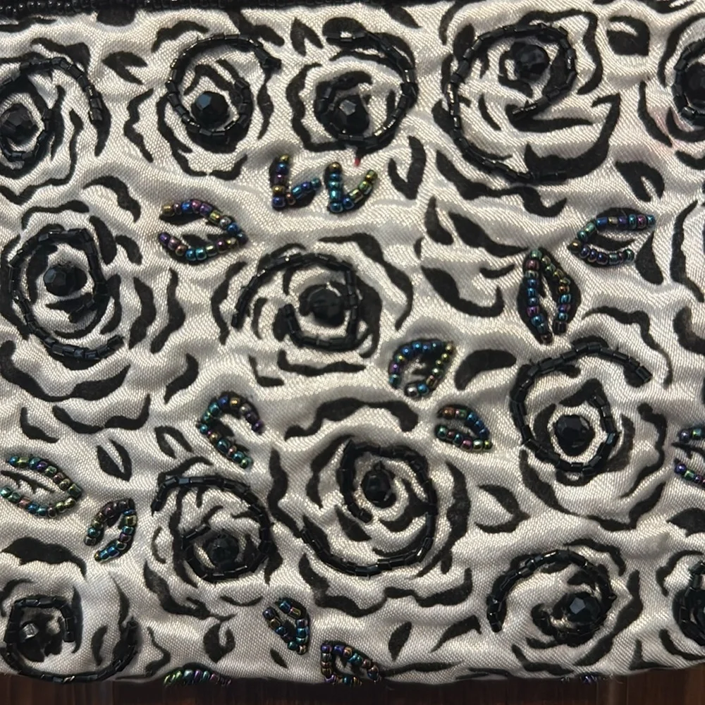 Lancôme Floral Wristlet Clutch White Satin Beaded Bag